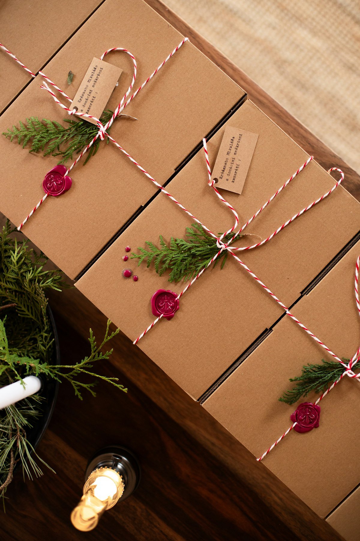 Corporate gift hampers in kraft boxes tied with twine